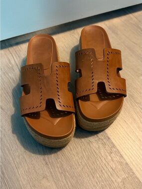 Brown Leather Slide Sandals with Cork Platform